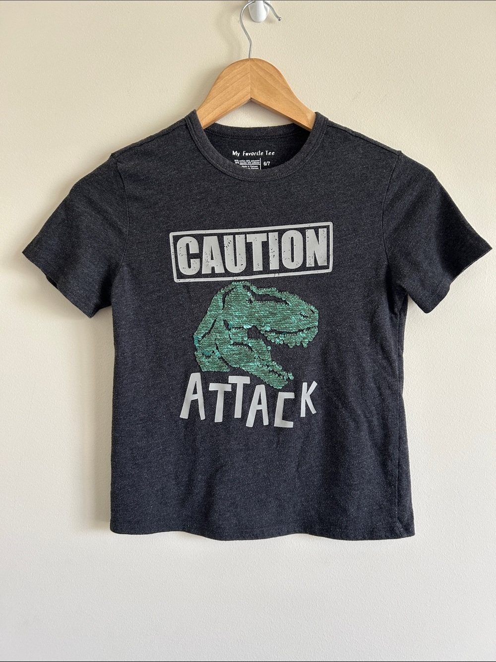 Boys 6/7 Dinosaur Sequin Gray Green T Shirt
